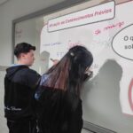 Alunos escrevendo no quadro durante atividade sobre a Rússia