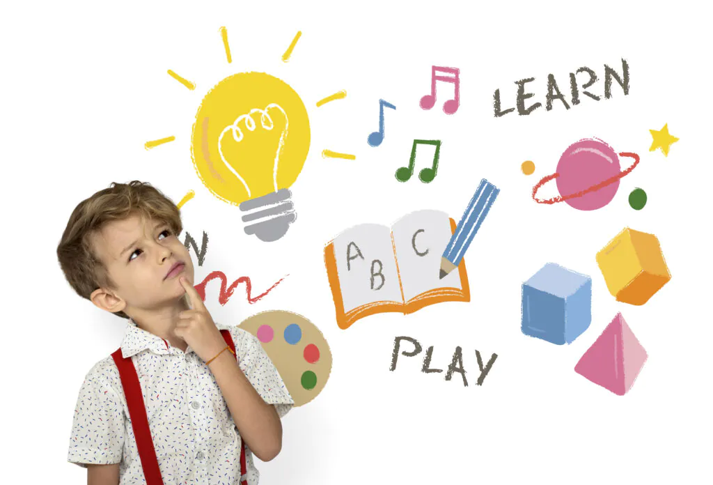 Crianças aprendendo dois idiomas em ambiente escolar com alegria