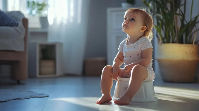 Criança pequena sentada no penico em ambiente iluminado, em momento tranquilo do processo de desfralde.